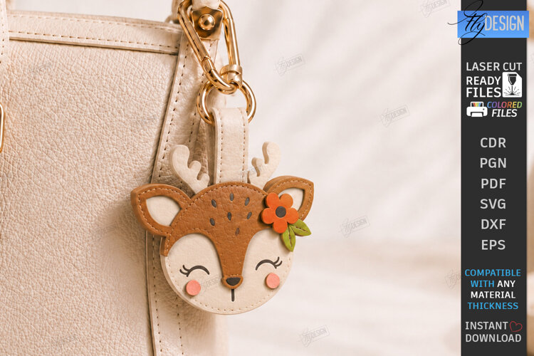 Leather Animal Keychain Bag Tag Laser Cut | Cute Deer SVG example image 1
