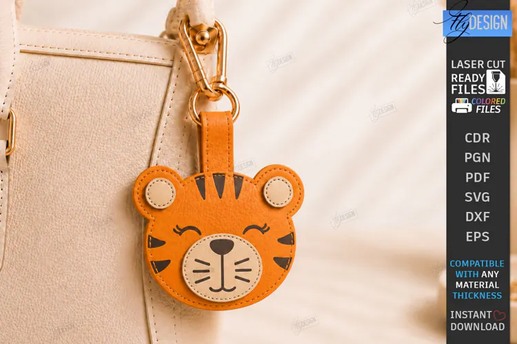 Leather Animal Keychain Bag Tag Laser Cut | Cute Tiger Tag