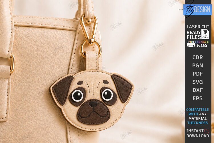 Leather Animal Keychain Bag Tag Laser Cut | Cute Pug | Dog example image 1