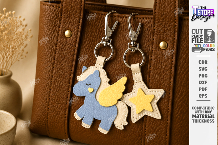 Leather Bag Charm Laser Cut | Unicorn and Star Keychain |CNC