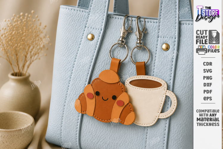 Leather Bag Charm Laser Cut | Croissant and Coffee Keychains