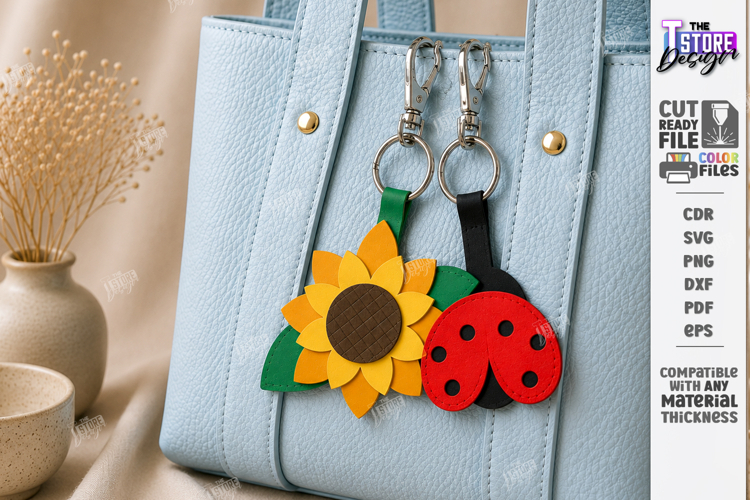 Leather Bag Charm Laser Cut | Ladybug and Flower Keychain
