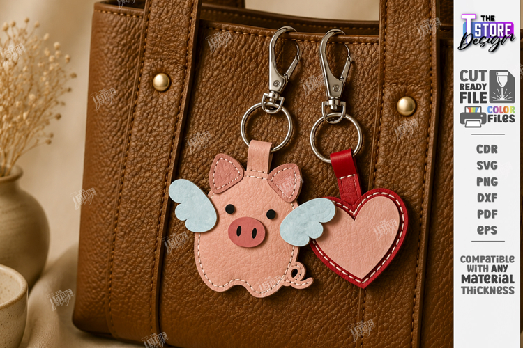 Leather Bag Charm Laser Cut | Pig and Heart Keychain | CNC