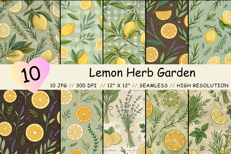 Lemon Herb Garden Seamless Pattern, Digital Paper