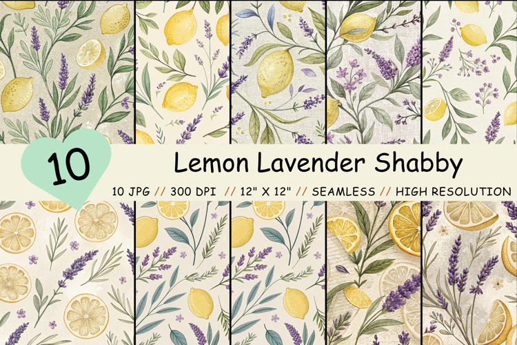 Lemon Lavender Shabby Digital Paper, Seamless Pattern