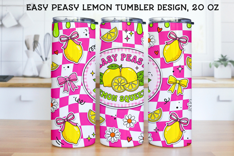 Easy Peasy Lemon Squeezy 20oz Tumbler Wrap PNG, Pink Checker