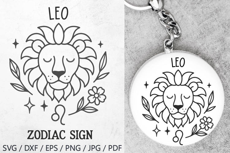 Leo Zodiac Sign SVG – cute leo illustration with floral details and stars. Perfect for astrology t-shirts, mugs, tote bags, keychains, zodiac stickers, planners, posters, invitations, horoscope crafts, and birthday gifts.
