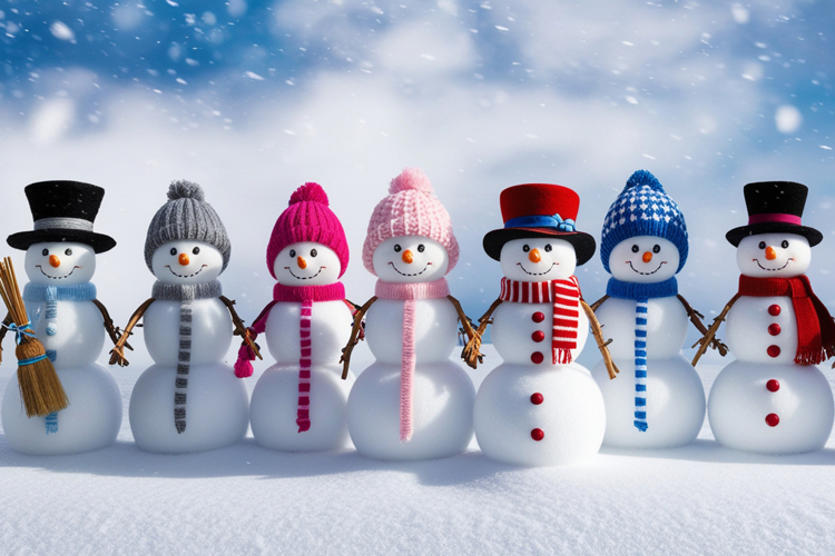 Cheerful snowmen in colorful hats and scarves standing