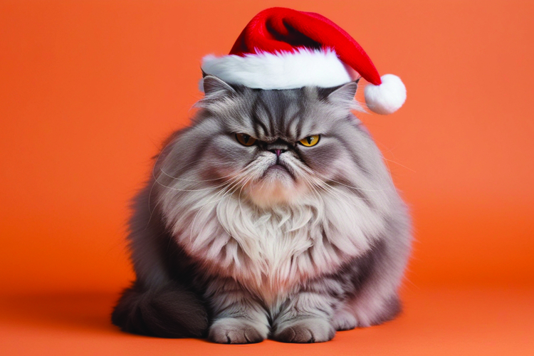 Grumpy Persian cat wearing a Santa hat on an orange