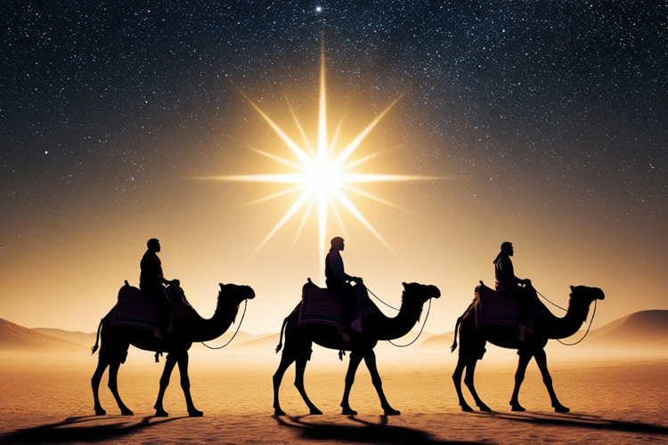 Three Kings Day, camels in desert, star of Bethlehem