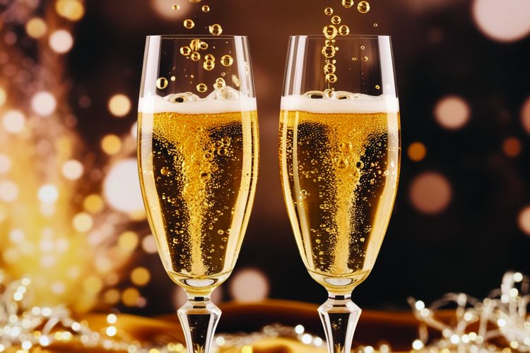 Two champagne glasses filled with bubbly golden wine, ready