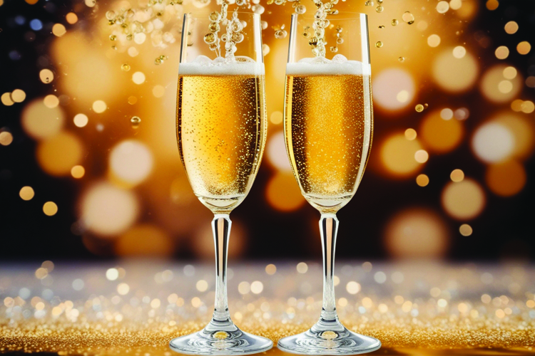 Two champagne glasses filled with bubbly golden wine, ready