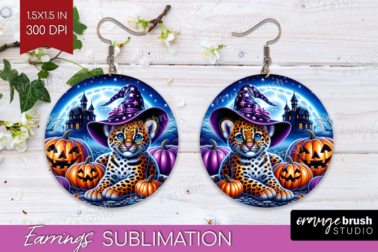 Leopard Halloween Round Earrings Cute Animal PNG Sublimation