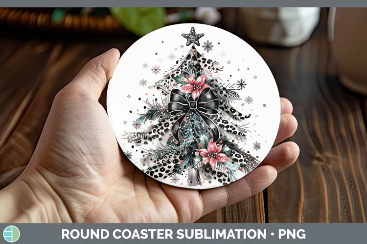 Leopard Black Christmas Tree Round Coaster Sublimation Coast