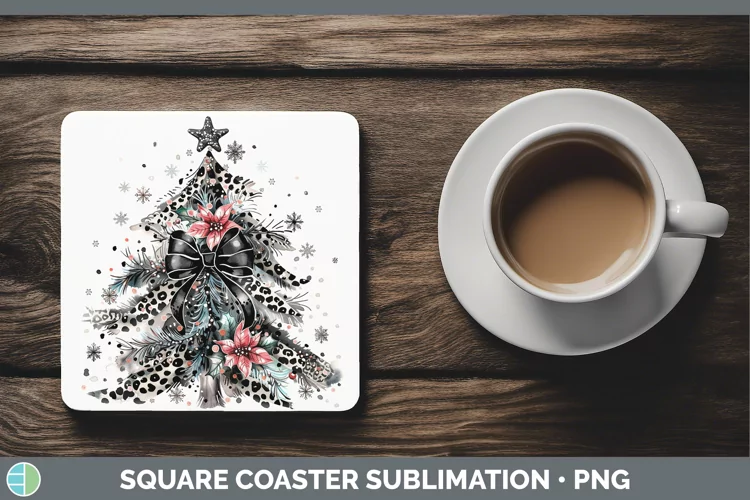 Leopard Black Christmas Tree Square Coaster Sublimation Coas