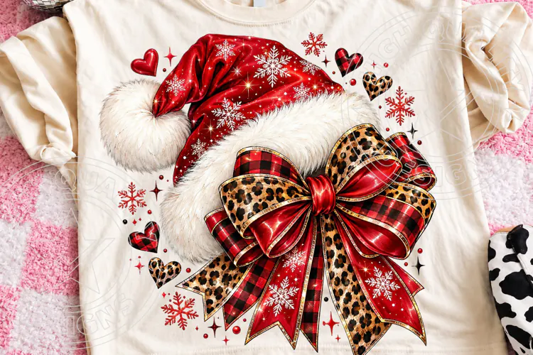 Leopard Buffalo Plaid Santa Hat PNG