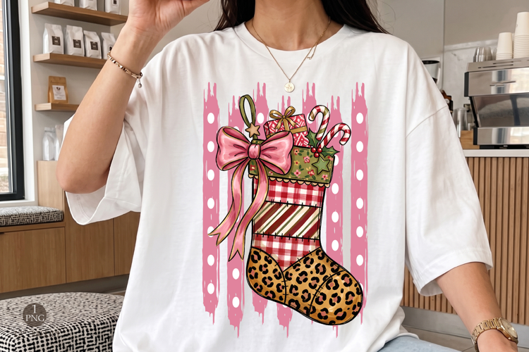 Leopard Christmas Stocking PNG, Pink Coquette Bow Art