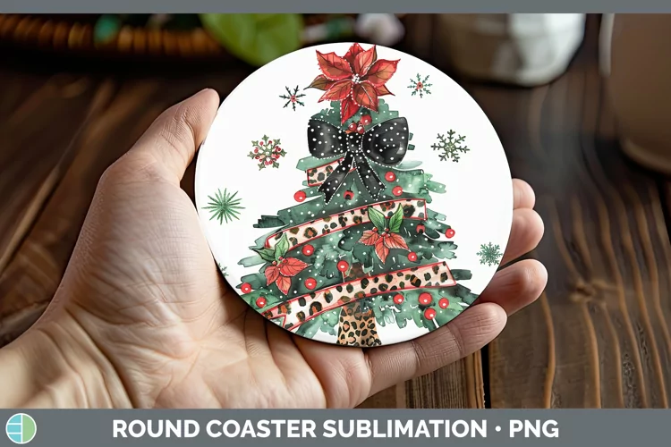 Leopard Christmas Tree Round Coaster Sublimation Coaster Des