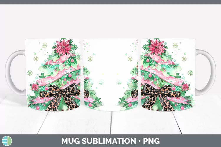 Leopard Pink Green Christmas Tree Mug Wrap Sublimation Coffe
