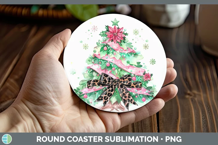 Leopard Pink Green Christmas Tree Round Coaster Sublimation