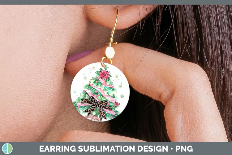 Leopard Pink Green Christmas Tree Round Earrings Sublimation