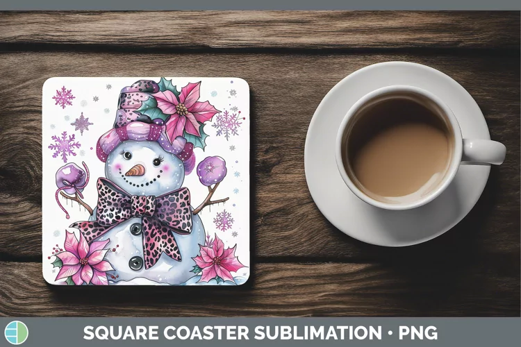 Leopard Pink Snowman Square Coaster Sublimation Coaster Desi