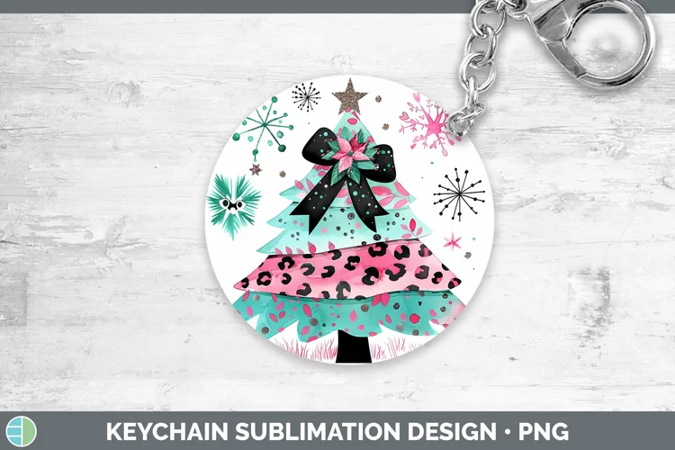 Leopard Pink Teal Christmas Tree Keychain Sublimation Keyrin
