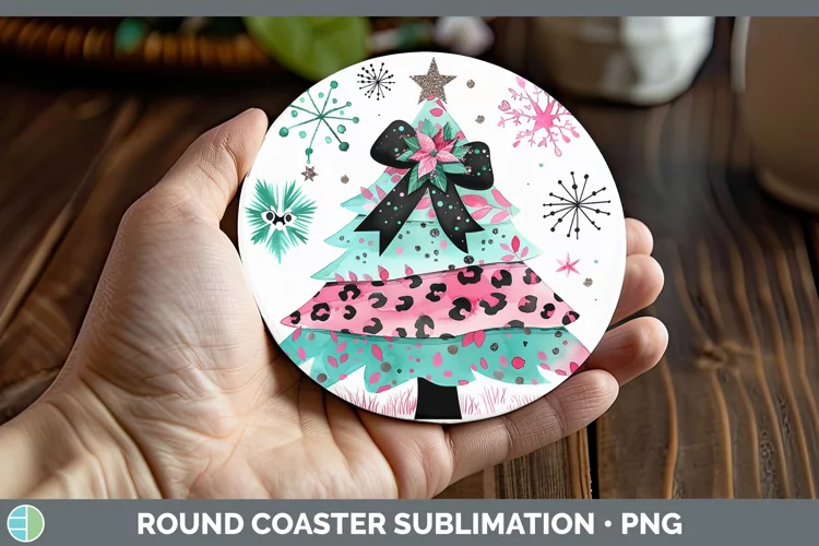 Leopard Pink Teal Christmas Tree Round Coaster Sublimation C