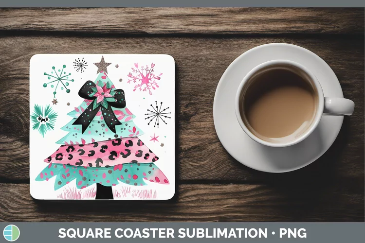Leopard Pink Teal Christmas Tree Square Coaster Sublimation