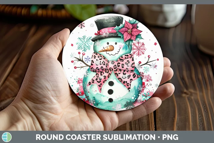 Leopard Pink Teal Snowman Round Coaster Sublimation Coaster