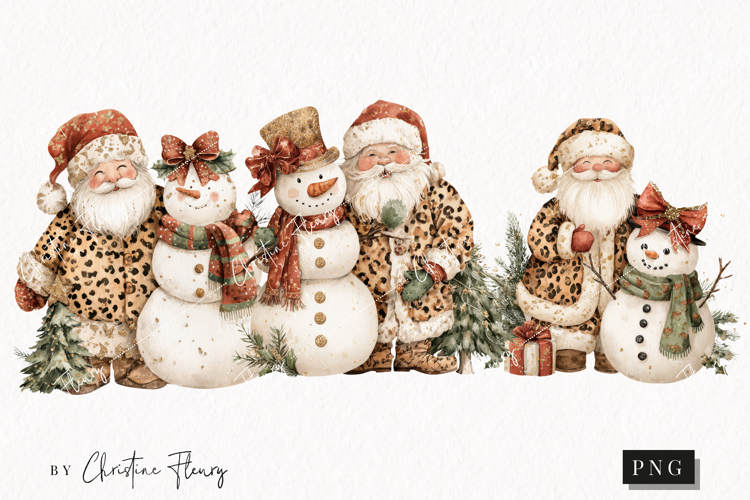 Leopard Print Santa and Snowman Clipart | Christmas PNG