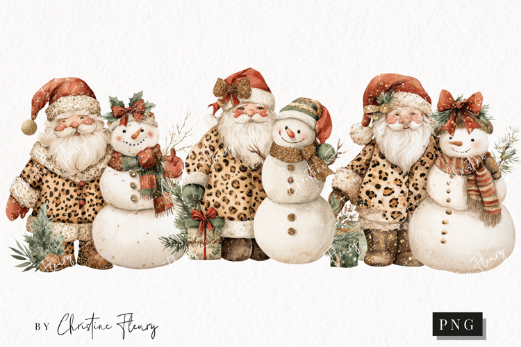 Leopard Print Santa and Snowman Clipart | Christmas PNG