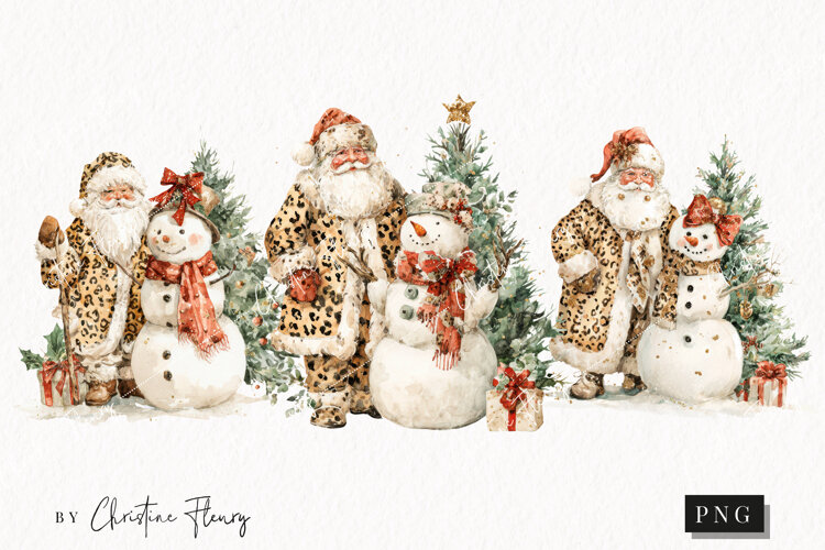 Leopard Print Santa and Snowman Clipart | Christmas PNG example image 1