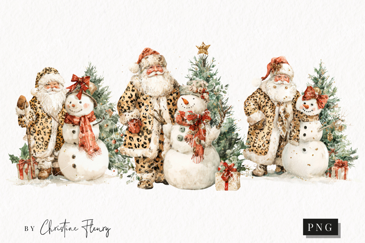 Leopard Print Santa and Snowman Clipart | Christmas PNG