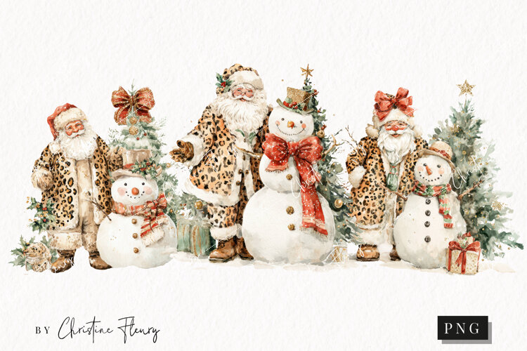 Leopard Print Santa and Snowman Clipart | Christmas PNG example image 1