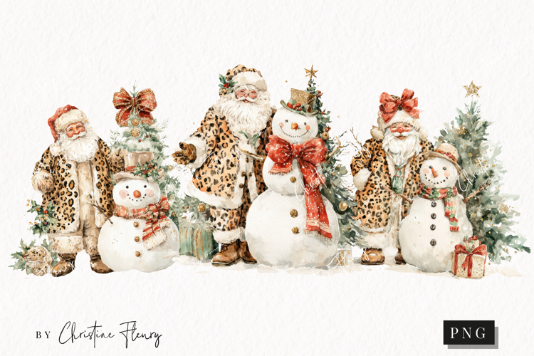 Leopard Print Santa and Snowman Clipart | Christmas PNG