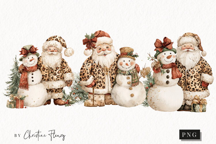 Leopard Print Santa and Snowman Clipart | Christmas PNG example image 1