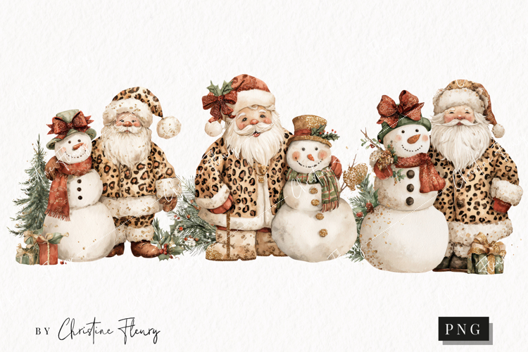 Leopard Print Santa and Snowman Clipart | Christmas PNG