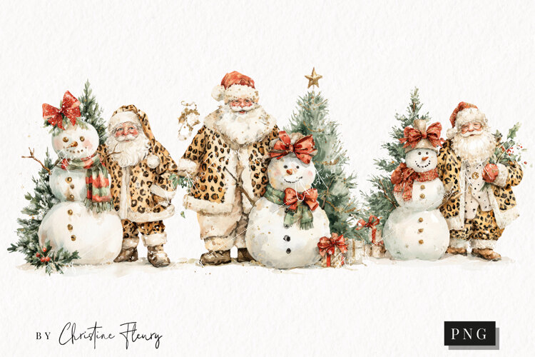 Leopard Print Santa and Snowman Clipart | Christmas PNG example image 1