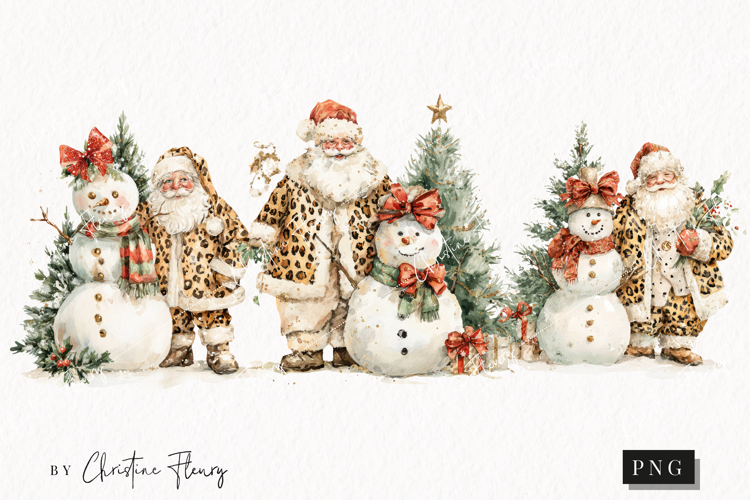Leopard Print Santa and Snowman Clipart | Christmas PNG