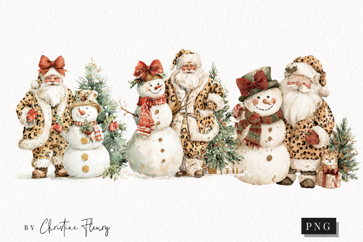 Leopard Print Santa and Snowman Clipart | Christmas PNG