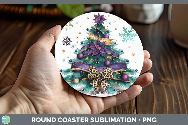 Leopard Purple Christmas Tree Round Coaster Sublimation Coas