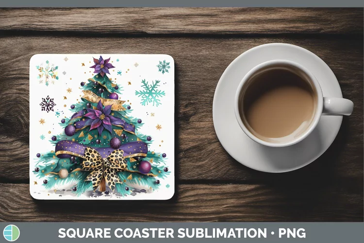 Leopard Purple Christmas Tree Square Coaster Sublimation Coa