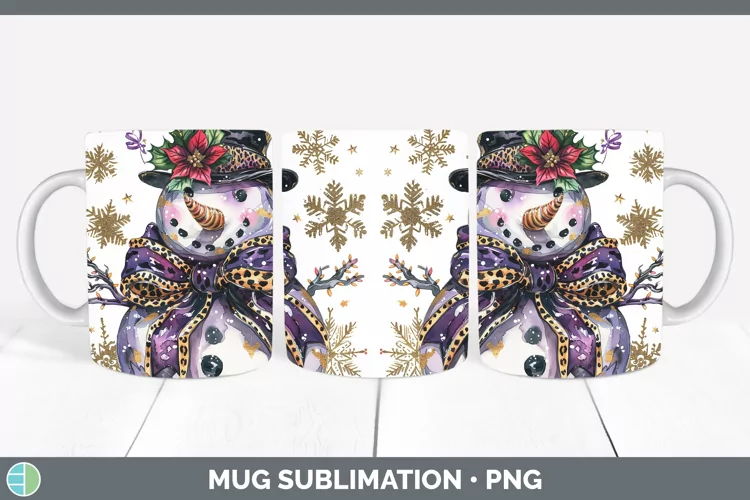 Leopard Purple Gold Snowman Mug Wrap Sublimation Coffee Cup