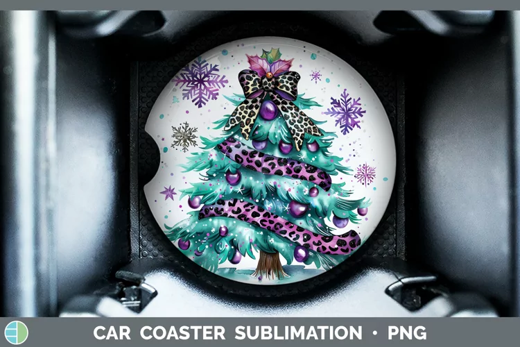 Leopard Purple Teal Christmas Tree Car Coaster Sublimation C