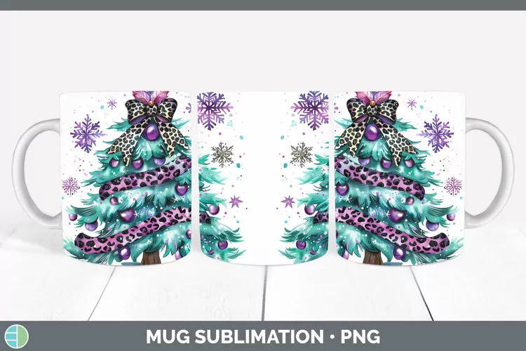 Leopard Purple Teal Christmas Tree Mug Wrap Sublimation Coff