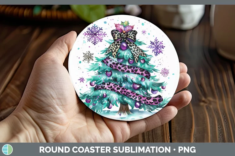 Leopard Purple Teal Christmas Tree Round Coaster Sublimation
