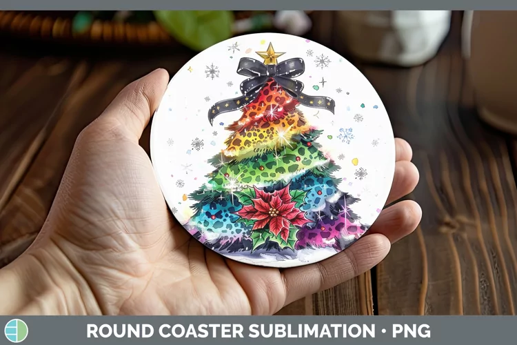 Leopard Rainbow Christmas Tree Round Coaster Sublimation Coa