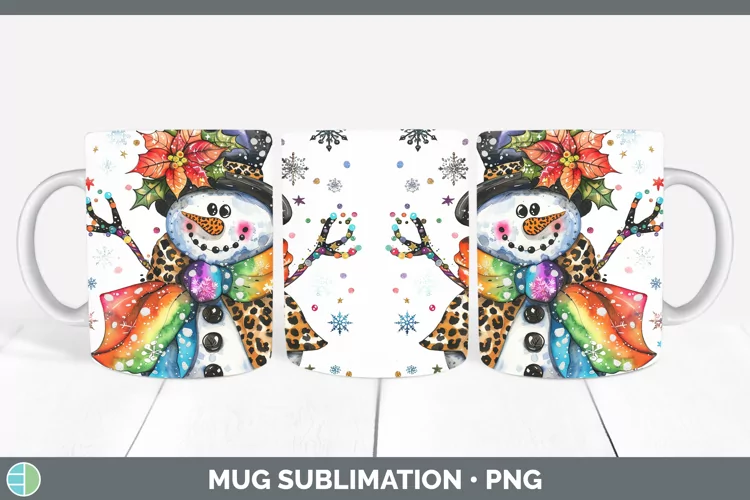 Leopard Rainbow Snowman Mug Wrap Sublimation Coffee Cup Desi