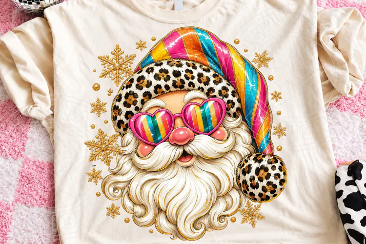 Leopard Santa Christmas Rainbow Hat & Heart Sunglasses Holid
